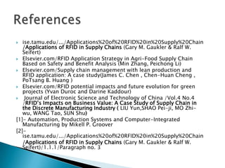 ise.tamu.edu/.../Applications%20of%20RFID%20in%20Supply%20Chain
/Applications of RFID in Supply Chains (Gary M. Gaukler & Ralf W.
Seifert)
 Elsevier.com/RFID Application Strategy in Agri-Food Supply Chain
Based on Safety and Benefit Analysis (Min Zhang, Peichong Li)
 Elsevier.com/Supply chain management with lean production and
RFID application: A case study(James C. Chen , Chen-Huan Cheng ,
PoTsang B. Huang )
 Elsevier.com/RFID potential impacts and future evolution for green
projects (Yvan Duroc and Darine Kaddour)

Journal of Electronic Science and Technology of China /Vol.4 No.4
/RFID’s Impacts on Business Value: A Case Study of Supply Chain in
the Discrete Manufacturing Industry ( LIU Yun,SHAO Pei-ji, MO Zhiwu, WANG Tao, SUN Shu)
[1]- Automation, Production Systems and Computer-Integrated
Manufacturing by Mikell P. Groover
[2]ise.tamu.edu/.../Applications%20of%20RFID%20in%20Supply%20Chain
/Applications of RFID in Supply Chains (Gary M. Gaukler & Ralf W.
Seifert)/1.1.1/Paragraph no. 3


 