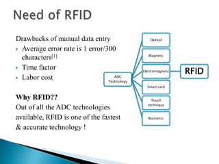 Drawbacks of manual data entry
 Average error rate is 1 error/300
characters[1]
 Time factor
ADC
 Labor cost
Technology

Optical

Magnetic

Electromagnetic

Smart card

Why RFID??
Out of all the ADC technologies
available, RFID is one of the fastest
& accurate technology !

Touch
technique

Biometric

RFID

 