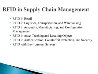 • RFID in Retail
• RFID in Logistics, Transportation, and Warehousing
• RFID in Assembly, Manufacturing, and Configuration
Management
• RFID in Asset Tracking and Locating Objects
• RFID in Authentication, Counterfeit Protection, and Security
• RFID with Environment Sensors

 