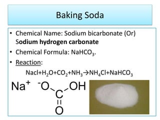 Baking Soda
• Chemical Name: Sodium bicarbonate (Or)
Sodium hydrogen carbonate
• Chemical Formula: NaHCO3.
• Reaction:
Nacl+H2O+CO2+NH3→NH4Cl+NaHCO3
 