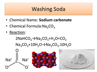 Washing Soda
• Chemical Name: Sodium carbonate
• Chemical Formula:Na2CO3
• Reaction:
2NaHCO3→Na2CO3+H2O+CO2
Na2CO3+10H2O→Na2CO3.10H2O
 