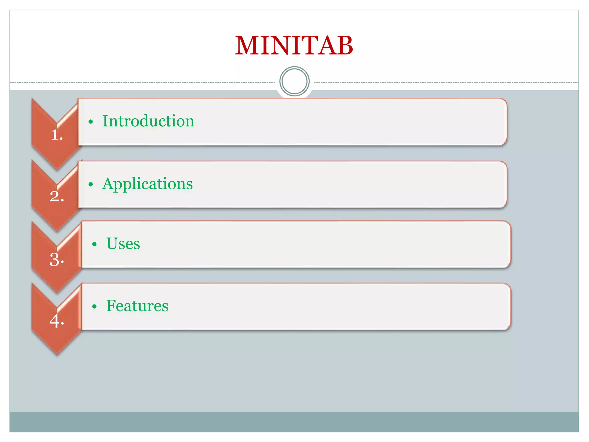 MINITAB
1.
• Introduction
2.
• Applications
3.
• Uses
4.
• Features
 