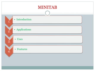 MINITAB
1.
• Introduction
2.
• Applications
3.
• Uses
4.
• Features
 