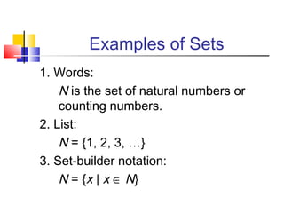 Examples of Sets
1. Words:
N is the set of natural numbers or
counting numbers.
2. List:
N = {1, 2, 3, …}
3. Set-builder notation:
N = {x | x ∈ N }

 