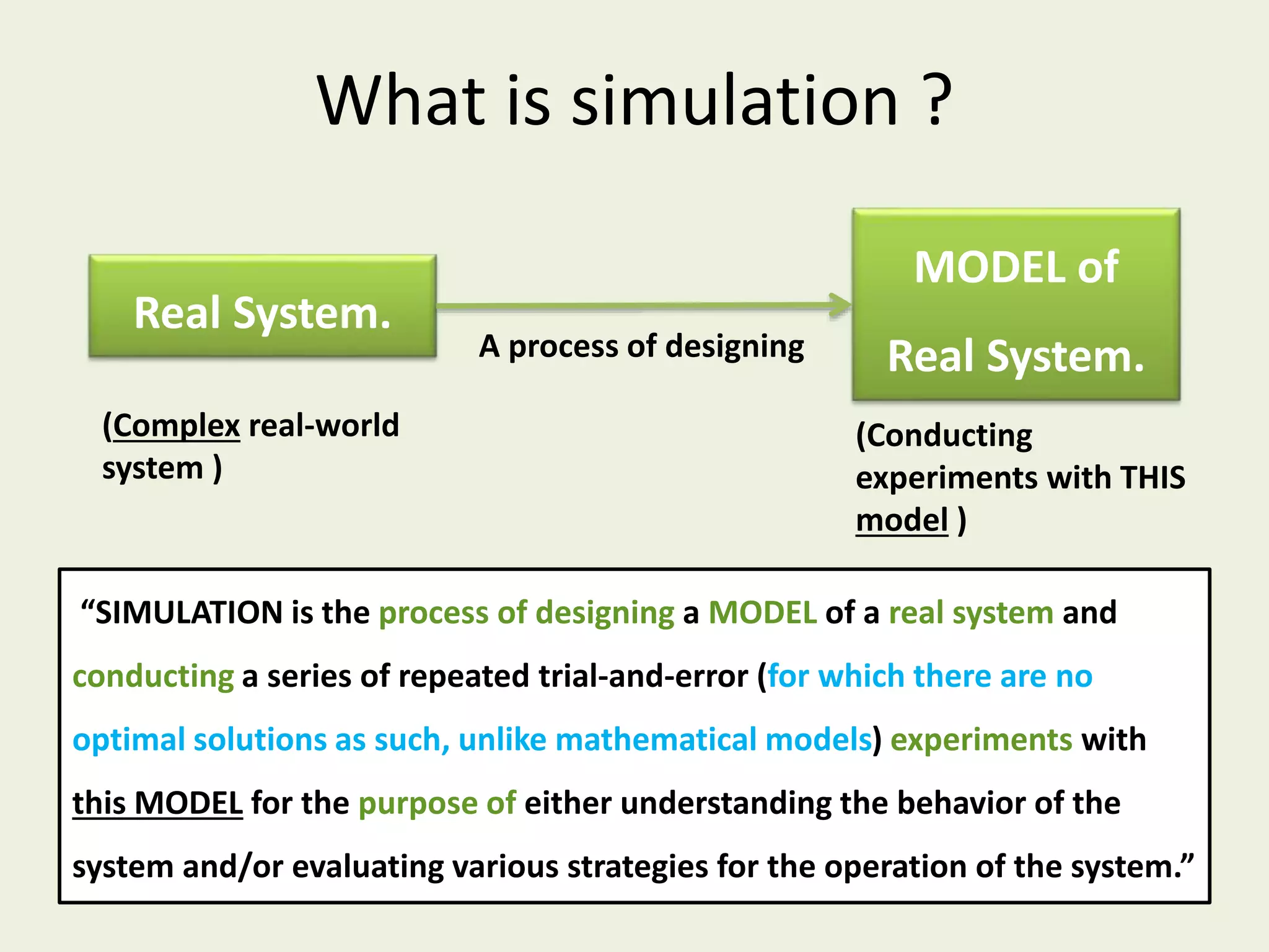 What is simulation ?
Real System.
MODEL of
Real System.
(Complex real-world
system )
A process of designing
(Conducting
experiments with THIS
model )
“SIMULATION is the process of designing a MODEL of a real system and
conducting a series of repeated trial-and-error (for which there are no
optimal solutions as such, unlike mathematical models) experiments with
this MODEL for the purpose of either understanding the behavior of the
system and/or evaluating various strategies for the operation of the system.”
 