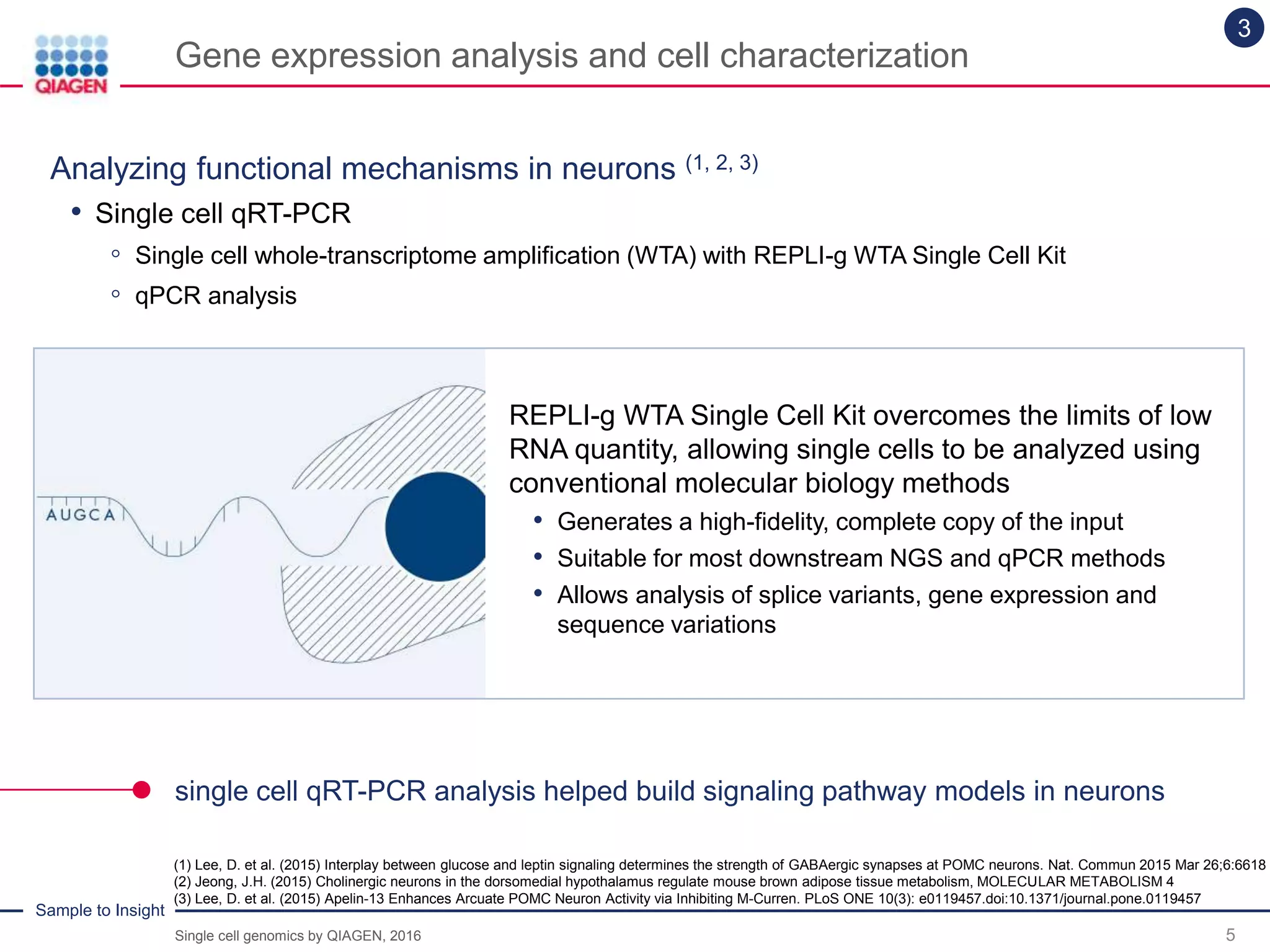 Sample to Insight
Gene expression analysis and cell characterization
5
3
(1) Lee, D. et al. (2015) Interplay between glucose and leptin signaling determines the strength of GABAergic synapses at POMC neurons. Nat. Commun 2015 Mar 26;6:6618
(2) Jeong, J.H. (2015) Cholinergic neurons in the dorsomedial hypothalamus regulate mouse brown adipose tissue metabolism, MOLECULAR METABOLISM 4
(3) Lee, D. et al. (2015) Apelin-13 Enhances Arcuate POMC Neuron Activity via Inhibiting M-Curren. PLoS ONE 10(3): e0119457.doi:10.1371/journal.pone.0119457
REPLI-g WTA Single Cell Kit overcomes the limits of low
RNA quantity, allowing single cells to be analyzed using
conventional molecular biology methods
• Generates a high-fidelity, complete copy of the input
• Suitable for most downstream NGS and qPCR methods
• Allows analysis of splice variants, gene expression and
sequence variations
single cell qRT-PCR analysis helped build signaling pathway models in neurons
Analyzing functional mechanisms in neurons (1, 2, 3)
• Single cell qRT-PCR
◦ Single cell whole-transcriptome amplification (WTA) with REPLI-g WTA Single Cell Kit
◦ qPCR analysis
Single cell genomics by QIAGEN, 2016
 