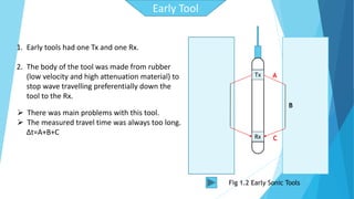 Tx 
Rx 
A 
B 
C 
1. Early tools had one Tx and one Rx. 
2. The body of the tool was made from rubber 
(low velocity and high attenuation material) to 
stop wave travelling preferentially down the 
tool to the Rx. 
 There was main problems with this tool. 
 The measured travel time was always too long. 
Δt=A+B+C 
Early Tool 
Fig 1.2 Early Sonic Tools 
 
