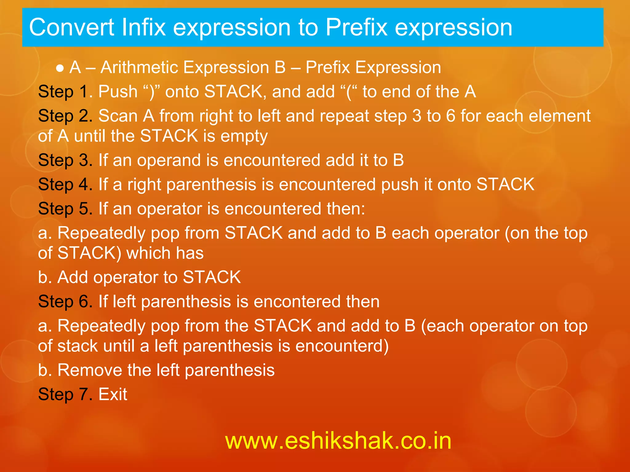 Convert Infix expression to Prefix expression
  ● A – Arithmetic Expression B – Prefix Expression
Step 1. Push “)” onto STACK, and add “(“ to end of the A
Step 2. Scan A from right to left and repeat step 3 to 6 for each element
of A until the STACK is empty
Step 3. If an operand is encountered add it to B
Step 4. If a right parenthesis is encountered push it onto STACK
Step 5. If an operator is encountered then:
a. Repeatedly pop from STACK and add to B each operator (on the top
of STACK) which has
b. Add operator to STACK
Step 6. If left parenthesis is encontered then
a. Repeatedly pop from the STACK and add to B (each operator on top
of stack until a left parenthesis is encounterd)
b. Remove the left parenthesis
Step 7. Exit

                        www.eshikshak.co.in
 
