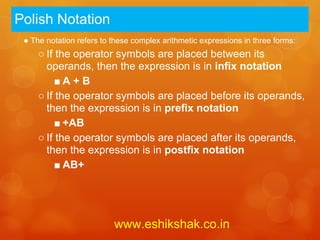 Polish Notation
 ● The notation refers to these complex arithmetic expressions in three forms:
     ○ If the operator symbols are placed between its
       operands, then the expression is in infix notation
          ■A + B
     ○ If the operator symbols are placed before its operands,
       then the expression is in prefix notation
          ■ +AB
     ○ If the operator symbols are placed after its operands,
       then the expression is in postfix notation
          ■ AB+




                          www.eshikshak.co.in
 