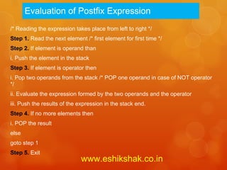 Evaluation of Postfix Expression
/* Reading the expression takes place from left to right */
Step 1. Read the next element /* first element for first time */
Step 2. If element is operand than
i. Push the element in the stack
Step 3. If element is operator then
i. Pop two operands from the stack /* POP one operand in case of NOT operator
*/
ii. Evaluate the expression formed by the two operands and the operator
iii. Push the results of the expression in the stack end.
Step 4. If no more elements then
i. POP the result
else
goto step 1
Step 5. Exit
                             www.eshikshak.co.in
 