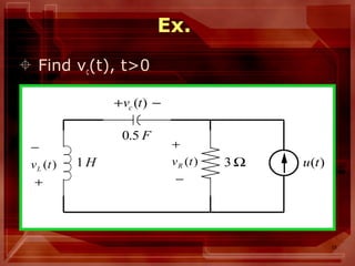 15
Ex.
 Find vc(t), t>0
H1
F5.0
Ω3 )(tu
−+ )(tvc
+
−
)(tvL
−
+
)(tvR
 