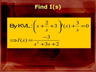 18
23
3
)(
0
3
)(3
2
2
++
−
=⇒
=+





++
ss
sI
s
sI
s
s:KVLBy
Find I(s)
 