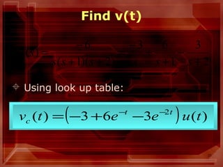 21
Find v(t)
 Using look up table:
2
3
1
63
)2)(1(
6
)(
+
−
+
+
−
=
++
−
=
ssssss
sVc
( ) )(363)( 2
tueetv tt
c
−−
−+−=
 