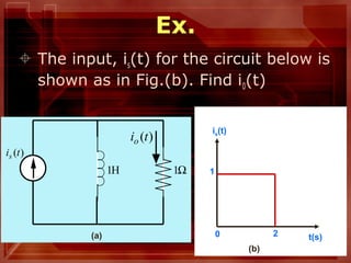 35
Ex.
 The input, is(t) for the circuit below is
shown as in Fig.(b). Find i0(t)
1
0 2 t(s)
is(t)
(b)
)(tis
Ω1H1
)(tio
(a)
 
