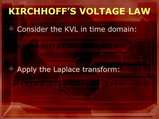 4
KIRCHHOFF’S VOLTAGE LAW
 Consider the KVL in time domain:
 Apply the Laplace transform:
0)()()()( 4321 =++++ tvtvtvtv
0)()()()( 4321 =++++ sVsVsVsV
 