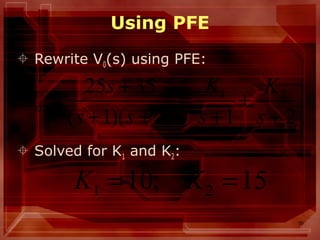 55
Using PFE
 Rewrite V0(s) using PFE:
 Solved for K1 and K2:
21)2)(1(
3525 21
+
+
+
=
++
+
=
s
K
s
K
ss
s
Vo
15;10 21 == KK
 