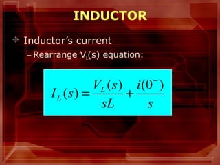 8
INDUCTOR
 Inductor’s current
– Rearrange VL(s) equation:
s
i
sL
sV
sI L
L
)0()(
)(
−
+=
 