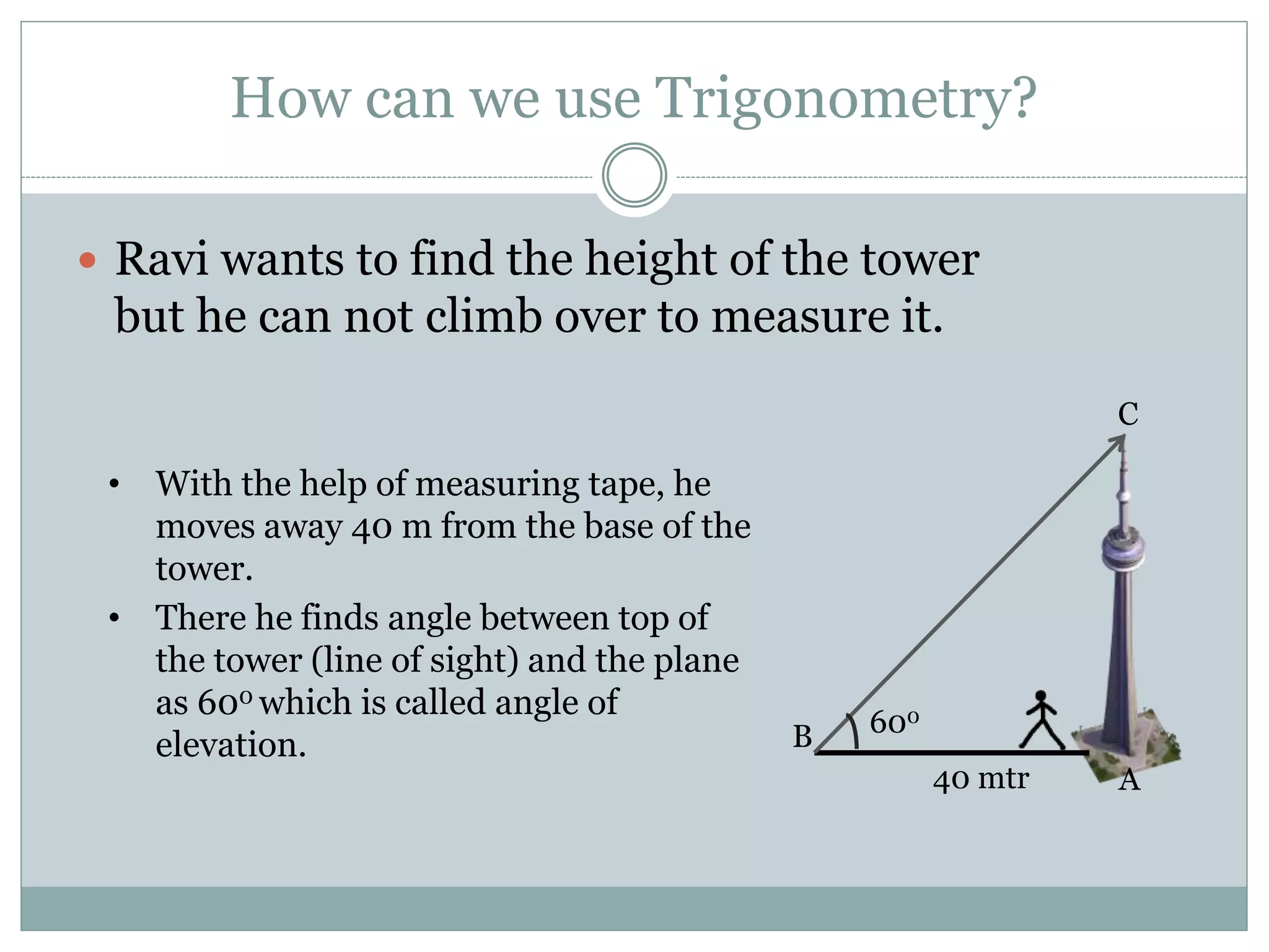 How can we use Trigonometry?
 Ravi wants to find the height of the tower
but he can not climb over to measure it.
40 mtr
600
A
B
C
• With the help of measuring tape, he
moves away 40 m from the base of the
tower.
• There he finds angle between top of
the tower (line of sight) and the plane
as 600 which is called angle of
elevation.
 