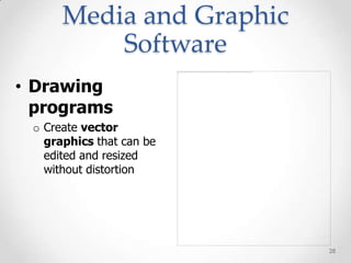 Media and Graphic
          Software
• Drawing
  programs
 o Create vector
   graphics that can be
   edited and resized
   without distortion




                          28
 