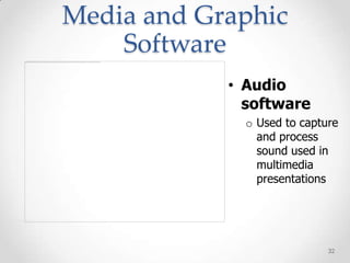Media and Graphic
    Software
            • Audio
              software
              o Used to capture
                and process
                sound used in
                multimedia
                presentations




                             32
 