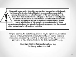 All rights reserved. No part of this publication may be reproduced, stored in a
  retrieval system, or transmitted, in any form or by any means, electronic,
 mechanical, photocopying, recording, or otherwise, without the prior written
      permission of the publisher. Printed in the United States of America.

                Copyright © 2012 Pearson Education, Inc.
                        Publishing as Prentice Hall



                                                                                  58
 
