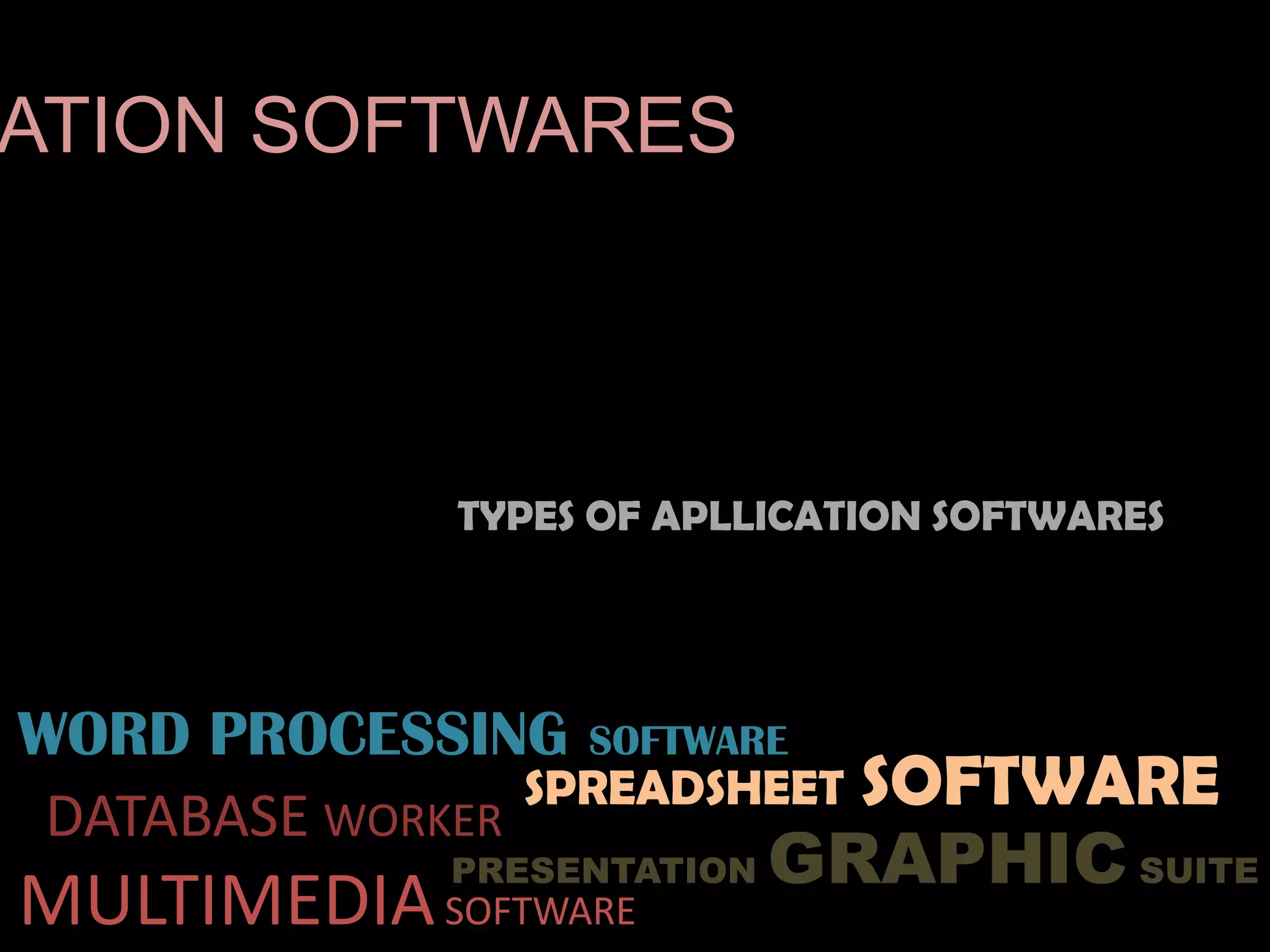 TYPES OF APLLICATION SOFTWARES
ATION SOFTWARES
DATABASE WORKER
PRESENTATION GRAPHIC SUITE
MULTIMEDIASOFTWARE
SPREADSHEET SOFTWARE
WORD PROCESSING SOFTWARE
 