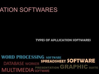 TYPES OF APLLICATION SOFTWARES
ATION SOFTWARES
DATABASE WORKER
PRESENTATION GRAPHIC SUITE
MULTIMEDIASOFTWARE
SPREADSHEET SOFTWARE
WORD PROCESSING SOFTWARE
 