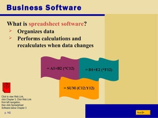 = SUM (C12:Y12)
Business Software
p. 142
= A1+B2 (*C12) = D1+E2 (*F12)
What is spreadsheet software?
Next
 Organizes data
 Performs calculations and
recalculates when data changes
Click to view Web Link,
click Chapter 3, Click Web Link
from left navigation,
then click Spreadsheet
Software below Chapter 3
 