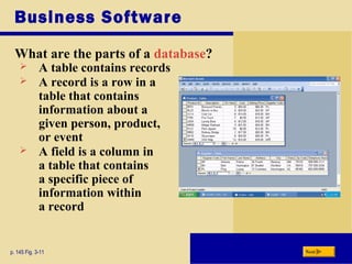 Business Software
What are the parts of a database?
p. 145 Fig. 3-11 Next
 A table contains records
 A record is a row in a
table that contains
information about a
given person, product,
or event
 A field is a column in
a table that contains
a specific piece of
information within
a record
 