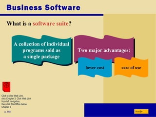 Business Software
What is a software suite?
p. 148
A collection of individual
programs sold as
a single package
A collection of individual
programs sold as
a single package
Two major advantages:Two major advantages:
lower cost ease of use
Next
Click to view Web Link,
click Chapter 3, Click Web Link
from left navigation,
then click StarOffice below
Chapter 3
 