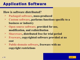 Application Software
How is software distributed?
p. 135
 Packaged software, mass-produced
 Custom software, performs functions specific to a
business or industry
 Open source software, provided for use,
modification, and redistribution
 Shareware, distributed free for trial period
 Freeware, copyrighted software provided at no
cost
 Public-domain software, freeware with no
copyright restrictions
Next
 
