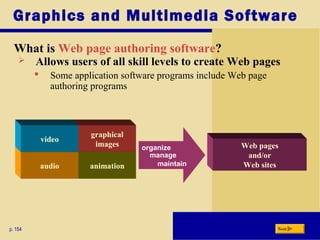Graphics and Multimedia Software
p. 154
animation
graphical
images
audio
video
organize
manage
maintain
Web pages
and/or
Web sites
Next
 Allows users of all skill levels to create Web pages
 Some application software programs include Web page
authoring programs
What is Web page authoring software?
 
