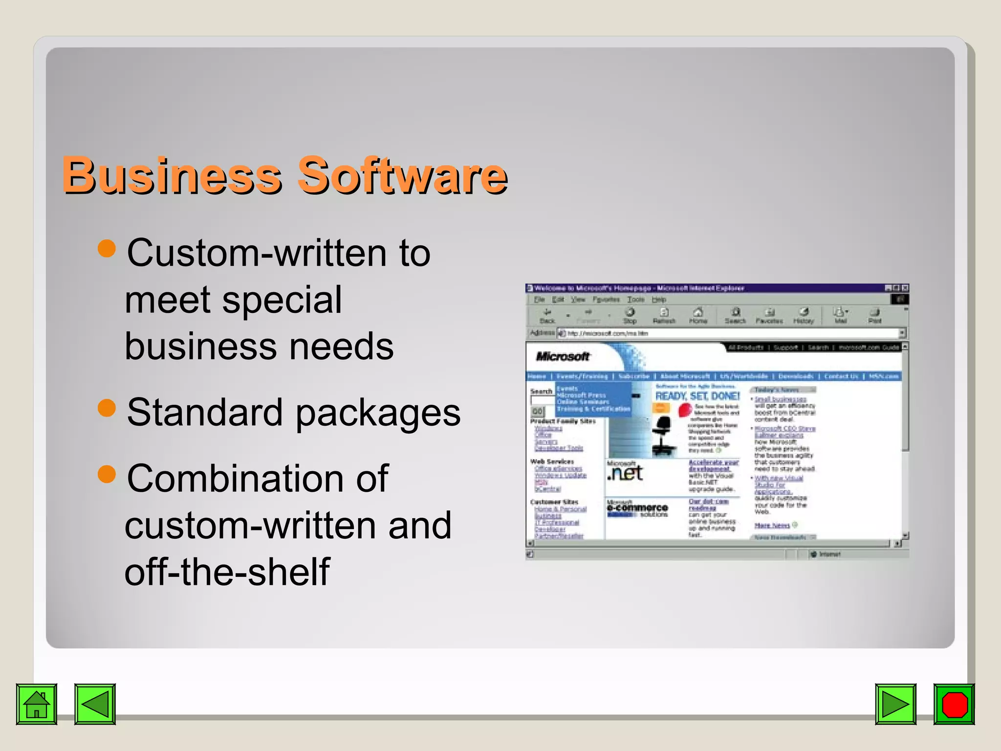 Business SoftwareBusiness Software
Custom-written to
meet special
business needs
Standard packages
Combination of
custom-written and
off-the-shelf
 