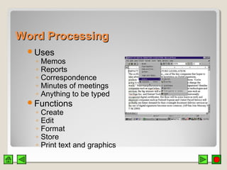 Word ProcessingWord Processing
Uses
◦ Memos
◦ Reports
◦ Correspondence
◦ Minutes of meetings
◦ Anything to be typed
Functions
◦ Create
◦ Edit
◦ Format
◦ Store
◦ Print text and graphics
 