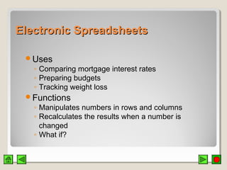 Electronic SpreadsheetsElectronic Spreadsheets
Uses
◦ Comparing mortgage interest rates
◦ Preparing budgets
◦ Tracking weight loss
Functions
◦ Manipulates numbers in rows and columns
◦ Recalculates the results when a number is
changed
◦ What if?
 