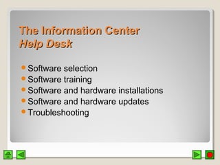 The Information CenterThe Information Center
Help DeskHelp Desk
Software selection
Software training
Software and hardware installations
Software and hardware updates
Troubleshooting
 