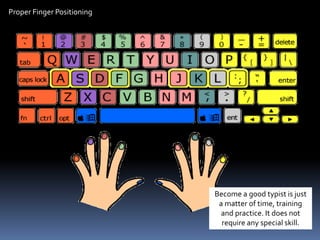 Proper Finger Positioning
Become a good typist is just
a matter of time, training
and practice. It does not
require any special skill.
 