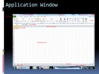 Application Window
- Quick access toolbar - Title bar
TabsFile Menu
- Ribbon
- Column Heading -
- Status Bar
Scroll Bar
Zoom Control
Text Area
Sizing Buttons -
- Fill Handle
C
O
L
U
M
N
H
E
A
D
I
N
G
Worksheet Area
Formula Bar
 