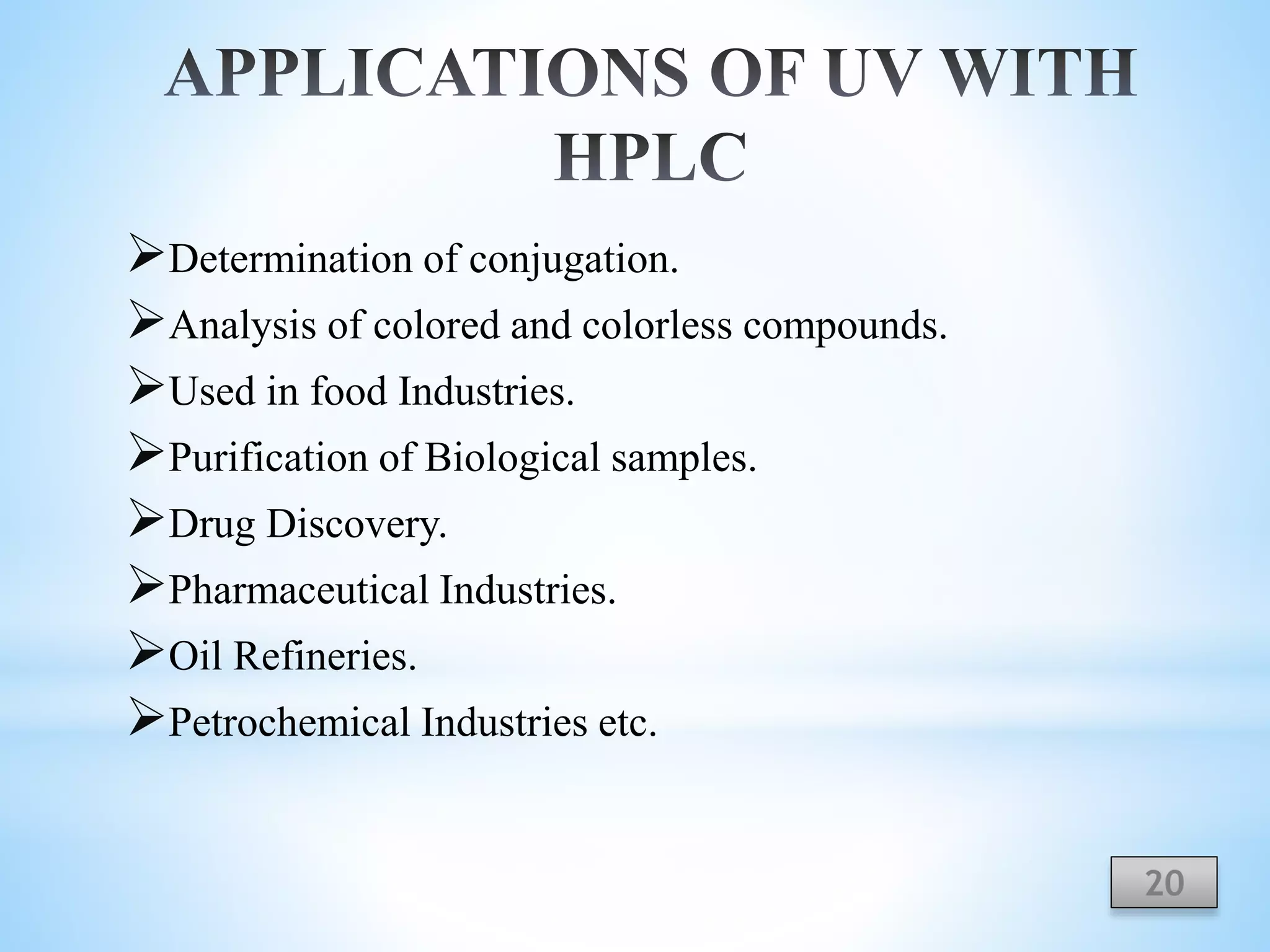 Determination of conjugation.
Analysis of colored and colorless compounds.
Used in food Industries.
Purification of Biological samples.
Drug Discovery.
Pharmaceutical Industries.
Oil Refineries.
Petrochemical Industries etc.
20
 