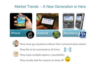 Market Trends  - A New Generation is Here They never go anywhere without their communication device They like to be connected at all times They enjoy multiple options / possibilities They usually look for reasons to show off 