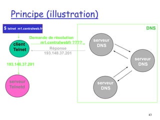 43
Principe (illustration)
client
Telnet
$ telnet m1.centralweb.fr
serveur
DNS
serveur
DNS
serveur
DNS
DNS
Demande de résolution
m1.centralwebfr ????
Réponse
193.148.37.201
serveur
Telnetd
193.148.37.201
 