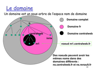 44
Le domaine
Un domaine est un sous-arbre de l’espace nom de domaine
fr
inria
centralweb
m1
Domaine complet
Domaine fr
Domaine centralweb
noeud m1.centralweb.fr
Des noeuds peuvent avoir les
mêmes noms dans des
domaines différents :
ns.centralweb.fr et ns.renault.fr
 
