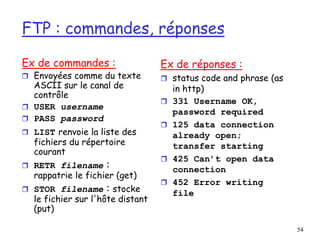 54
FTP : commandes, réponses
Ex de commandes :
 Envoyées comme du texte
ASCII sur le canal de
contrôle
 USER username
 PASS password
 LIST renvoie la liste des
fichiers du répertoire
courant
 RETR filename :
rappatrie le fichier (get)
 STOR filename : stocke
le fichier sur l'hôte distant
(put)
Ex de réponses :
 status code and phrase (as
in http)
 331 Username OK,
password required
 125 data connection
already open;
transfer starting
 425 Can’t open data
connection
 452 Error writing
file
 