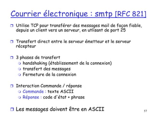 57
Courrier électronique : smtp [RFC 821]
 Utilise TCP pour transférer des messages mail de façon fiable,
depuis un client vers un serveur, en utlisant de port 25
 Transfert direct entre le serveur émetteur et le serveur
récepteur
 3 phases de transfert
 handshaking (établissement de la connexion)
 transfert des messages
 Fermeture de la connexion
 Interaction Commande / réponse
 Commande : texte ASCII
 Réponse : code d'état + phrase
 Les messages doivent être en ASCII
 