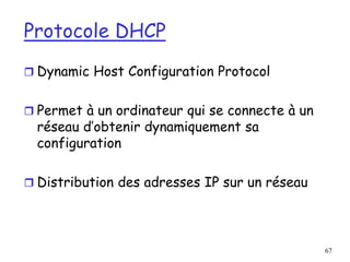 67
Protocole DHCP
 Dynamic Host Configuration Protocol
 Permet à un ordinateur qui se connecte à un
réseau d’obtenir dynamiquement sa
configuration
 Distribution des adresses IP sur un réseau
 