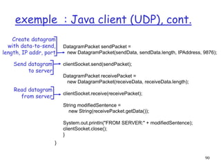 90
exemple : Java client (UDP), cont.
DatagramPacket sendPacket =
new DatagramPacket(sendData, sendData.length, IPAddress, 9876);
clientSocket.send(sendPacket);
DatagramPacket receivePacket =
new DatagramPacket(receiveData, receiveData.length);
clientSocket.receive(receivePacket);
String modifiedSentence =
new String(receivePacket.getData());
System.out.println("FROM SERVER:" + modifiedSentence);
clientSocket.close();
}
}
Create datagram
with data-to-send,
length, IP addr, port
Send datagram
to server
Read datagram
from server
 