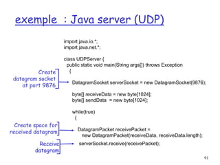 91
exemple : Java server (UDP)
import java.io.*;
import java.net.*;
class UDPServer {
public static void main(String args[]) throws Exception
{
DatagramSocket serverSocket = new DatagramSocket(9876);
byte[] receiveData = new byte[1024];
byte[] sendData = new byte[1024];
while(true)
{
DatagramPacket receivePacket =
new DatagramPacket(receiveData, receiveData.length);
serverSocket.receive(receivePacket);
Create
datagram socket
at port 9876
Create space for
received datagram
Receive
datagram
 