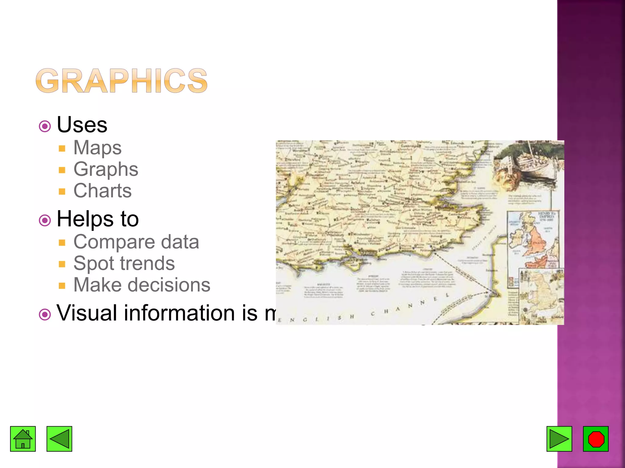  Uses
 Maps
 Graphs
 Charts
 Helps to
 Compare data
 Spot trends
 Make decisions
 Visual information is more compelling
 
