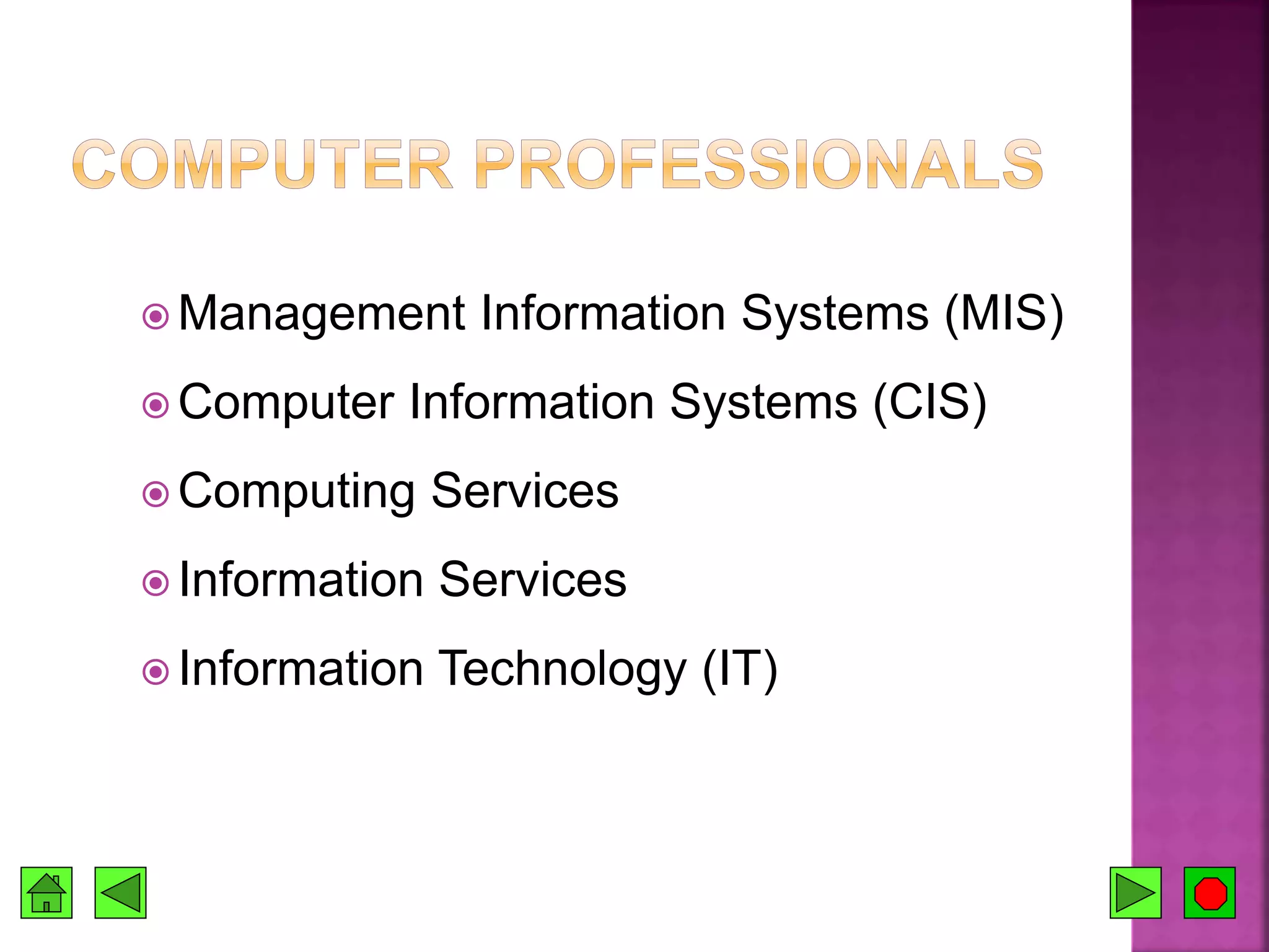  Management Information Systems (MIS)
 Computer Information Systems (CIS)
 Computing Services
 Information Services
 Information Technology (IT)
 
