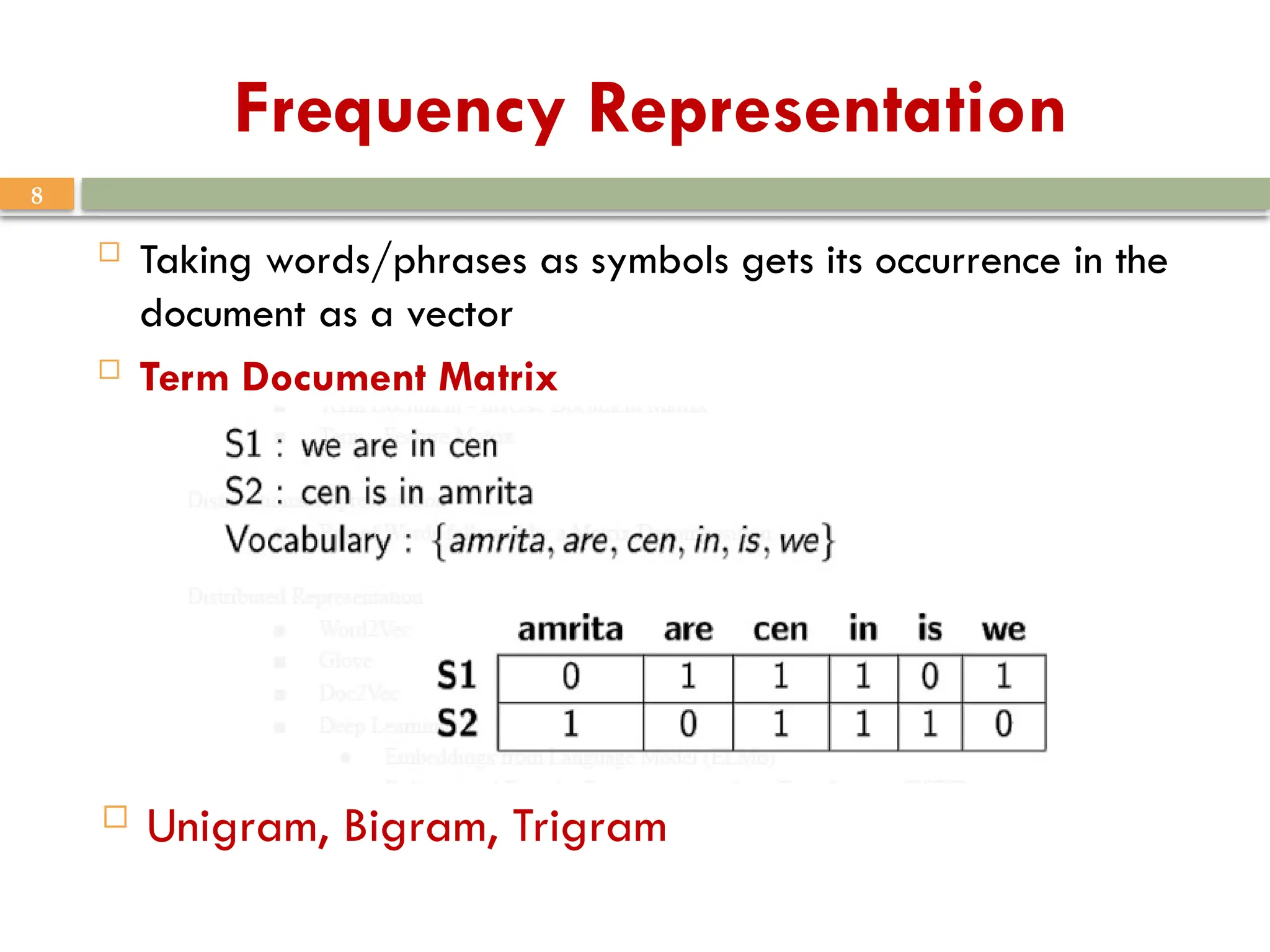 8
Frequency Representation
 Taking words/phrases as symbols gets its occurrence in the
document as a vector
 Term Document Matrix
 Unigram, Bigram, Trigram
 